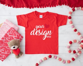 Red Valentine's Day Tshirt Mockup Kids Gildan Shirt Mock-up Baby T-shirt Mock Up Stock Photo Toddler Tee Sublimation JPG Download