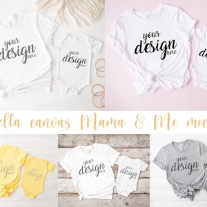 Puede incluir: Un conjunto de 13 maquetas que presentan diferentes camisetas y bodies de colores para adultos y niños. El texto "your design here" está impreso en cada camiseta. Las maquetas se muestran en una variedad de fondos, incluyendo madera, rosa y blanco.