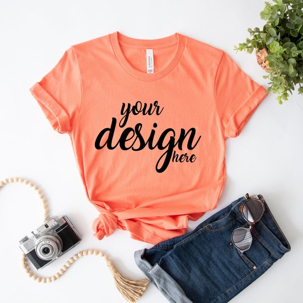 Boho Mockup Coral Bella Canvas Shirt Mockup 3001 Tshirt Mock Up Stock Photo Tee Mockup SVG Mockup Sublimation JPG Digital Download