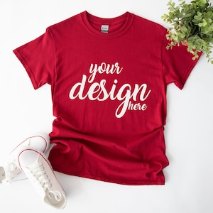 Boho Cardinal Red Gildan 5000 Shirt Mockup modern Tshirt Mock Up Styled Stock Photo Tee Mockup SVG Mockup Sublimation JPG Digital Download