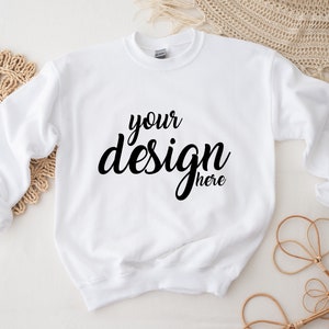 White Sweater Mockup Gildan 18000 Mockup Gildan White Sweatshirt Mockup Model Mockup Stock Photography SVG Mockup JPG Digital Download