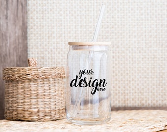 May include: A clear glass jar with a wooden lid and a straw. The jar has the text "your design here" written on it.