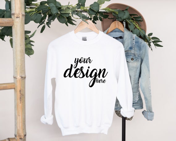 White Sweater Mockup Gildan 18000 Mockup Gildan White Sweatshirt Mockup Model Mockup Stock Photography SVG Mockup JPG Digital Download