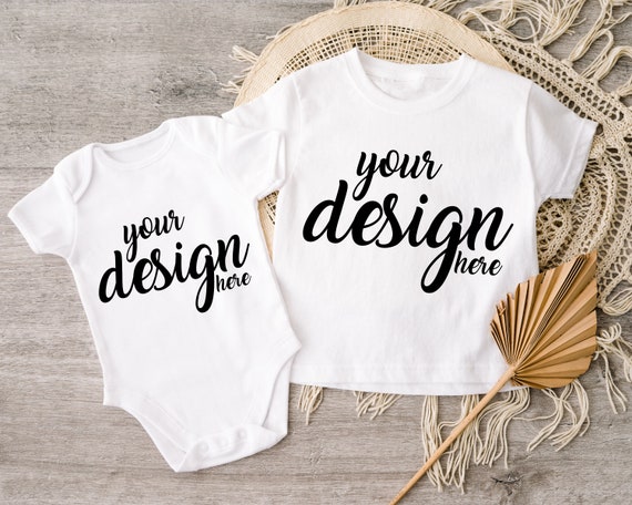 White Kids Shirt Mockup T-shirt Mock-up Toddler Tee Siblings Child Baby Bodysuit Mockup Rustic Boho Baby Onesie Mockup JPG Digital Download