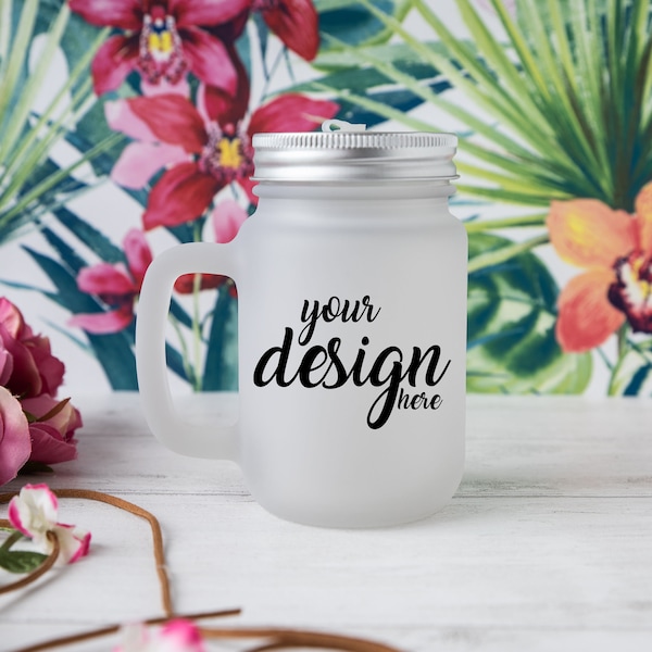 Frosted Mason Jar Mock up Luau Styled Stock Photo Frosted Glass Mockup Sublimation Tropical Cup Cocktail Glass Mockup JPG Digital Download