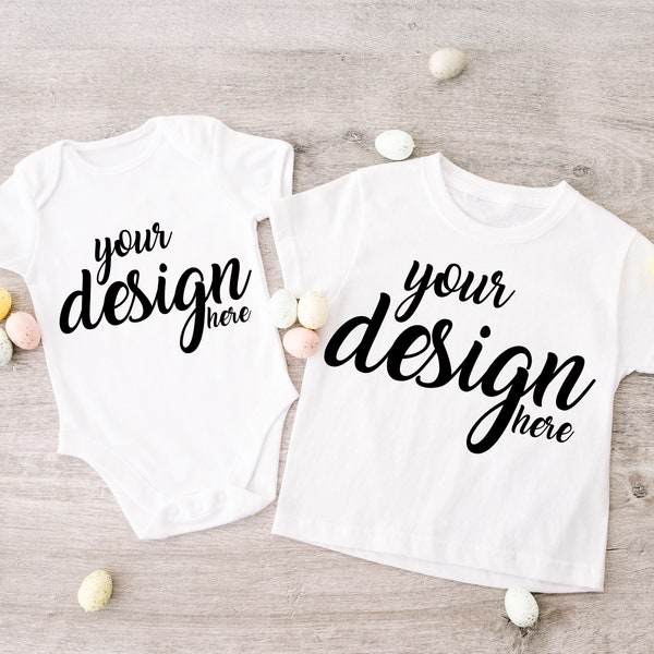 White Kids Shirt Mockup Easter T-shirt Mock-up Toddler Tee Siblings Child Baby Bodysuit Mockup Rustic Boho Onesie JPG Digital Download