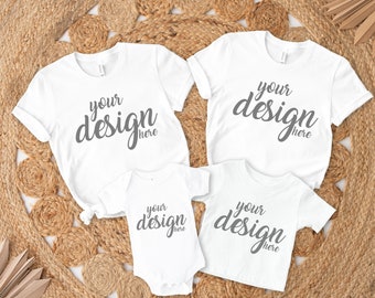 May include: Four white t-shirts with the text "your design here" on each. The shirts are arranged in a circle on a woven straw background.