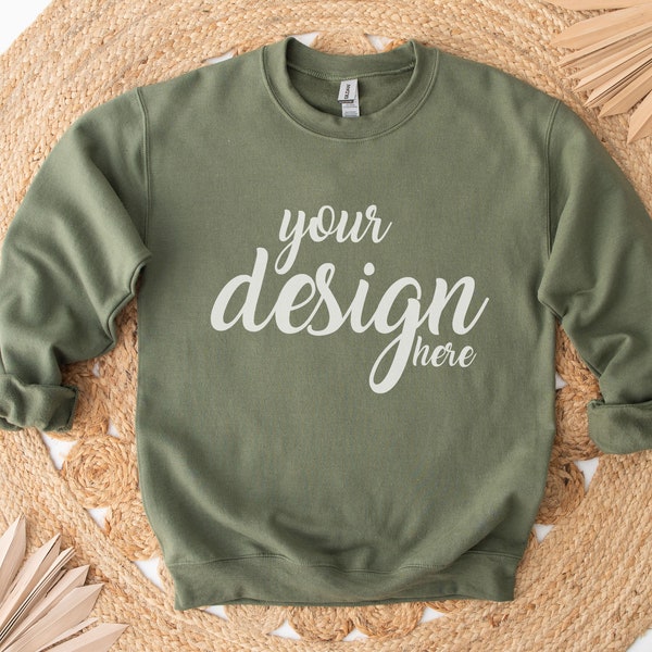 Military Green  Sweater Mockup Gildan 18000 Mockup Boho Gildan Sweatshirt Mockup Flatlay Mockup Stock Photo SVG Mockup JPG Digital Download