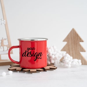 3  x Red Christmas Camp Mug MockUps Enamel Camping Coffee Cup Mock up Winter Camper Mock Up Stock Photo Holiday Mockup JPG Digital Download