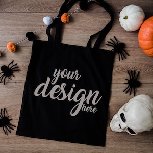 ブラックキャンバス ハロウィンバッグ モックアップ トリックオアトリートバッグ モックアップ スタイルストックフォト トートバッグ モックアップ SVG モックアップ 昇華 JPG デジタルダウンロード