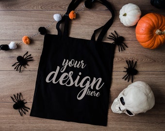 Black Canvas Halloween Tasche Mockup Trick or Treat Bag Mock Up Styled Stock Foto Tote Mockup SVG Mockup Sublimation JPG Digitaler Download