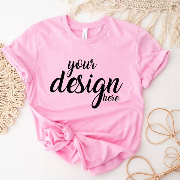 Pink Bella Canvas Shirt Mockup Bubblegum 3001 Tshirt Mock Up Stock Photo Tee Mockup SVG Mockup Sublimation JPG Digital Download