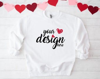 White Sweater Mockup Gildan 18000 Mockup Valentine's Day Sweatshirt Mockup Jumper Stock Photo JPG Digital Download