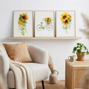 Watercolour Sunflower Bicycle Art, Retro Botanical Wall Pictures, Living Room Posters, Rustic Kitchen Artwork