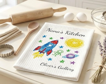 Pano de prato infantil personalizado com desenho, presente de cozinha com arte personalizada para crianças, lembrança branca, Reino Unido