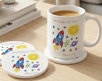 Caneca infantil personalizada com desenho, conjunto de porta-copos de cerâmica personalizados para crianças, branco, presente, Reino Unido