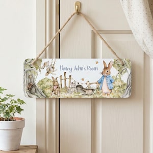 Personalised Blue Rabbit Door Sign, Woodland Nursery Name Plaque