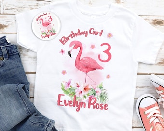 Kids Pink Flamingo Personalised  Birthday T-shirt Add Your own Name and Number Birthday Gift Idea