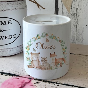 Gepersonaliseerde bos dieren spaarpot, Bear Fox kwekerij decor, aangepaste naam doopcadeau, neutraal babyshower cadeau, bos themabank
