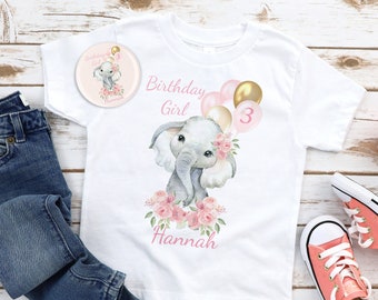 Girls Elephant Printed Personalised  Birthday T-shirt Add Your own Name And Number