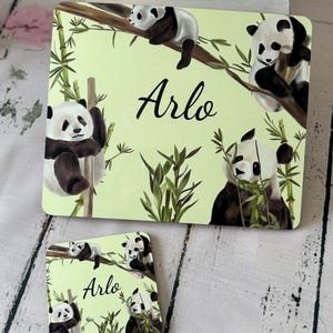 Personalised Panda Dining Set, Custom Boys Enamel Mug, Bespoke Wildlife Coaster