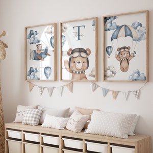 Personalised Aviator Hot Air Balloon Teddy Bear Nursery Prints Set Of 3, Baby Room Posters , Wall Art Print, Rainbow Art Prints, Baby Shower