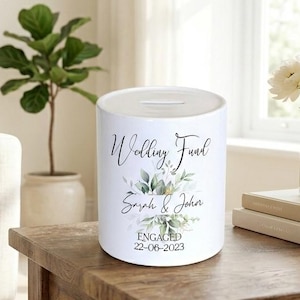 Personlig sparbössa med bröllopsfond, förlovningspresent med eukalyptus, personlig sparbössa