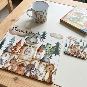 Personalised Dragon Dining Set, Custom Boys Enamel Mug, Bespoke Castle Coaster