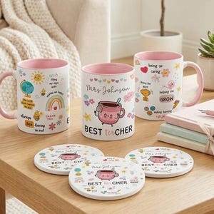 Personalised School Teacher Mug Set, Custom Educator Coaster, End-of-Term Nursery Gift