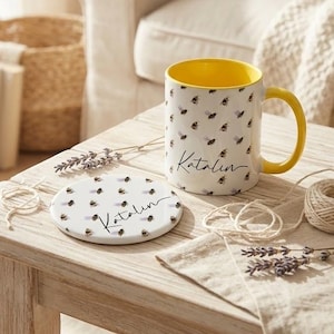 Personalisierte Bienen-Muster-Keramik-Tasse, Benutzerdefinierte Gelbe Griff Tasse und Untersetzer-Set
