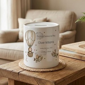 Personalised Safari Christening Money Box, Hot Air Balloon Gift, Lion Giraffe Nursery Decor