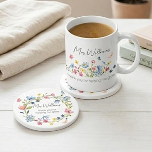 Personalised Wildflower Teacher Mug, Custom Floral Coaster, Bespoke Mentor Cup