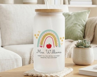 Copo térmico personalizado para professora de jardim de infância, caneca de vidro fosco vermelho com estampa de arco-íris