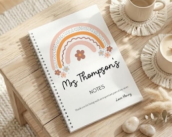 Caderno personalizado para professores com tema arco-íris, estilo boho, tamanho A5.