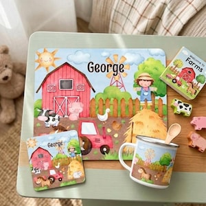 Personalised Farmyard Dining Set, Custom Boys Enamel Mug, Bespoke Barn Placemat Coaster