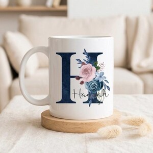Personalised Navy Floral Initial Mug, Custom Botanical Coaster, Bespoke Rose Cup