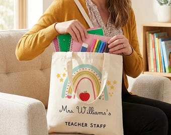 Bolsa ecológica personalizada com estampa de arco-íris para professores de educação infantil e ensino fundamental.