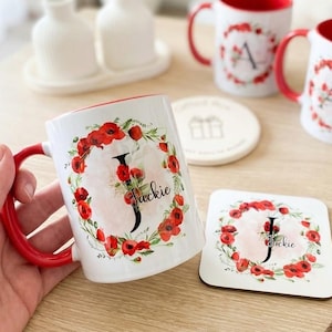 Personalised Poppy Mug Set, Custom Red Floral Coaster, Bespoke Mothers Day Gift