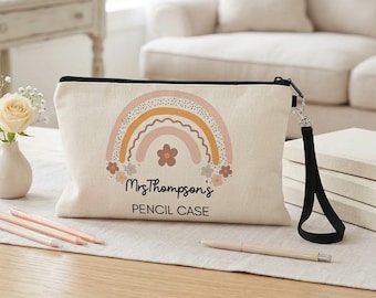 Estojo personalizado para lápis com estampa de arco-íris para professores, nécessaire de maquiagem em linho para presente.