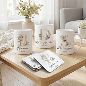 Personalised Gold Floral Initial Mug, Custom Bridesmaid Coaster Set, Bespoke Wedding Cup