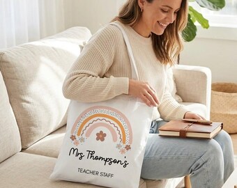 Bolsa de lona personalizada com estampa de arco-íris para professores, presente de agradecimento estilo boho.
