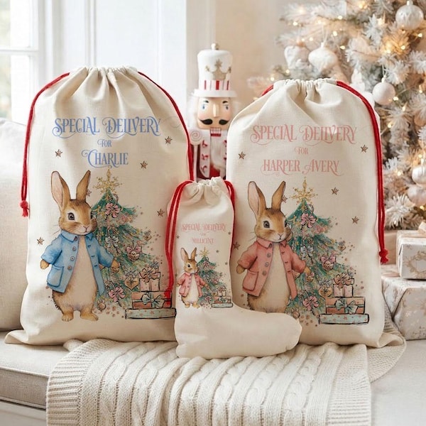 Saco de Papá Noel navideño personalizado con forma de conejo, calcetín navideño de lino personalizado, bolsa de regalo de conejito de invierno.