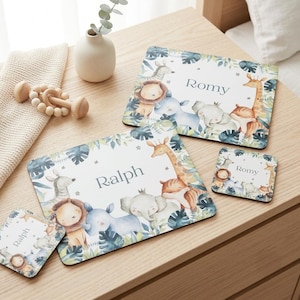 Personalised Safari Animal Placemat, Custom Kids Enamel Mug, Bespoke Coaster Set