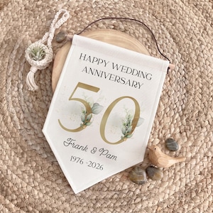 Personalised 50th Anniversary Pennant, Custom Golden Wedding Flag, Parents Grandparents Linen Keepsake