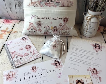 Kit de presente personalizado para a fada do dente: almofada, carta, certificado e sacola de lembranças.