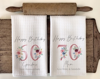 Personalised Birthday Floral Tea Towel- Milestone Birthday Gift - Any Age Tea Towel - 21st 30th 40th 50th 60th 70th 80th 90th Birthday Gift