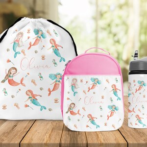 Back To School Lunch Bag Matching Water Bottle Girls Personalised Lunch Bag Mermaid Girls School Insulated Kids Lunch Box