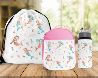 Back To School Lunch Bag Matching Water Bottle Girls Personalised Lunch Bag Mermaid Girls School Insulated Kids Lunch Box