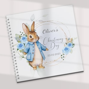 Personalisiertes Blaues Kaninchen Taufgästebuch: Fotoalbum Erinnerungsbuch