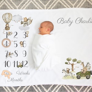 Personalised Baby Milestone Blanket  Safari Animals Printed  Blanket Baby shower Gift Set Nursery room décor Milestone Blanket